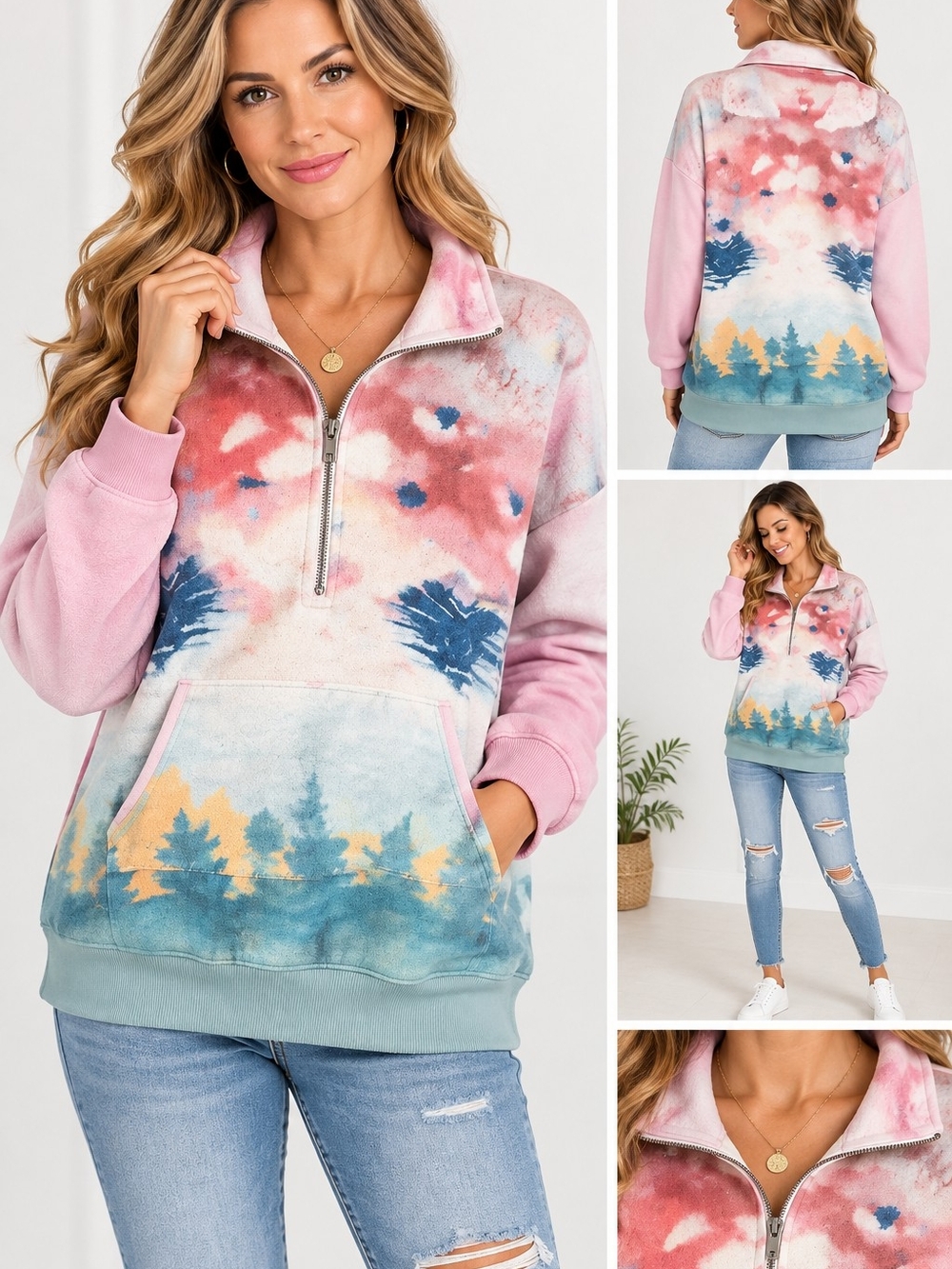 Pilcro Anthropologie Pink Tie-Dye Half-Zip Pullover XS Oversized